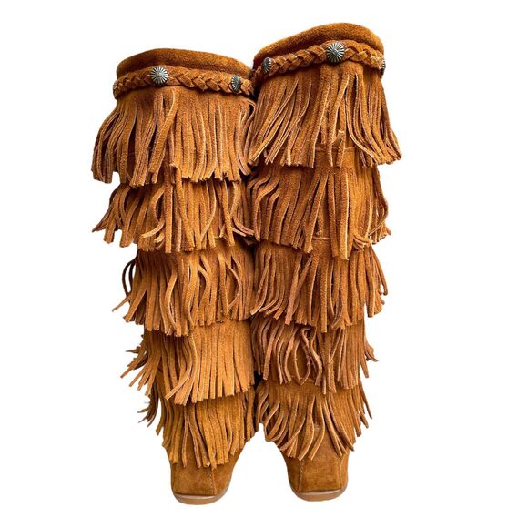Minnetonka Women’s 5-Layer Fringe Suede Leather Tall Boots Brown Boho Size 11 - Picture 5 of 12